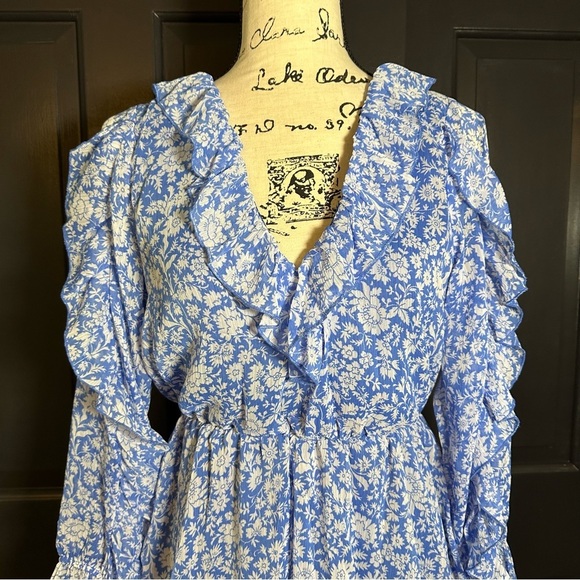 ZARA Womens Long Sleeve Ruffle Romper One Piece Blue Floral Size M  V-neck(E5 - Picture 9 of 12
